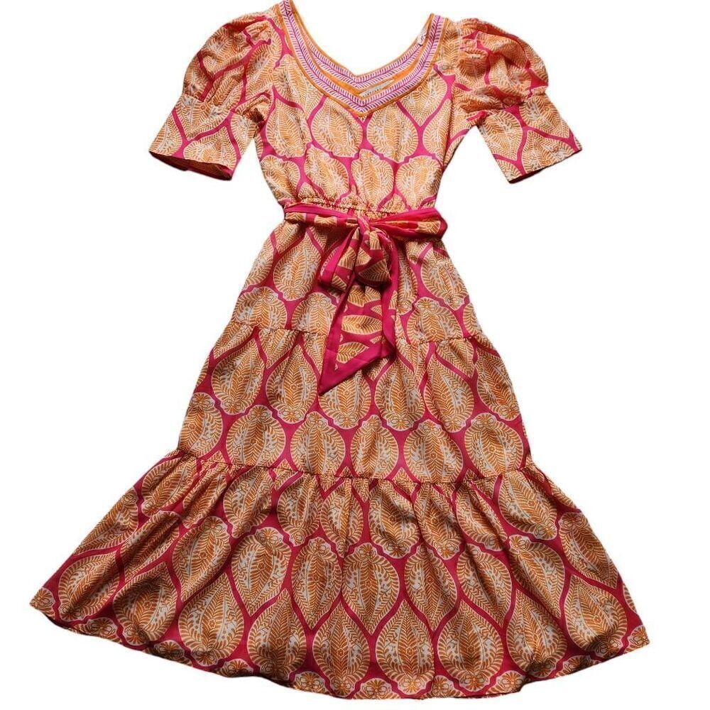 Gretchen Scott Midi Dress Womens Medium Tiered V Neck Belted Pink‎